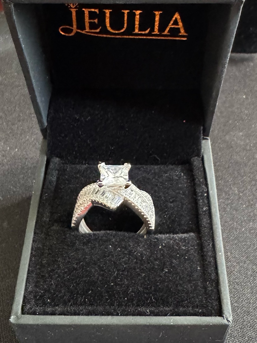 Julia Sterling Silver Statement Ring with Large Center CZ Stone w/ CZ Baguettes